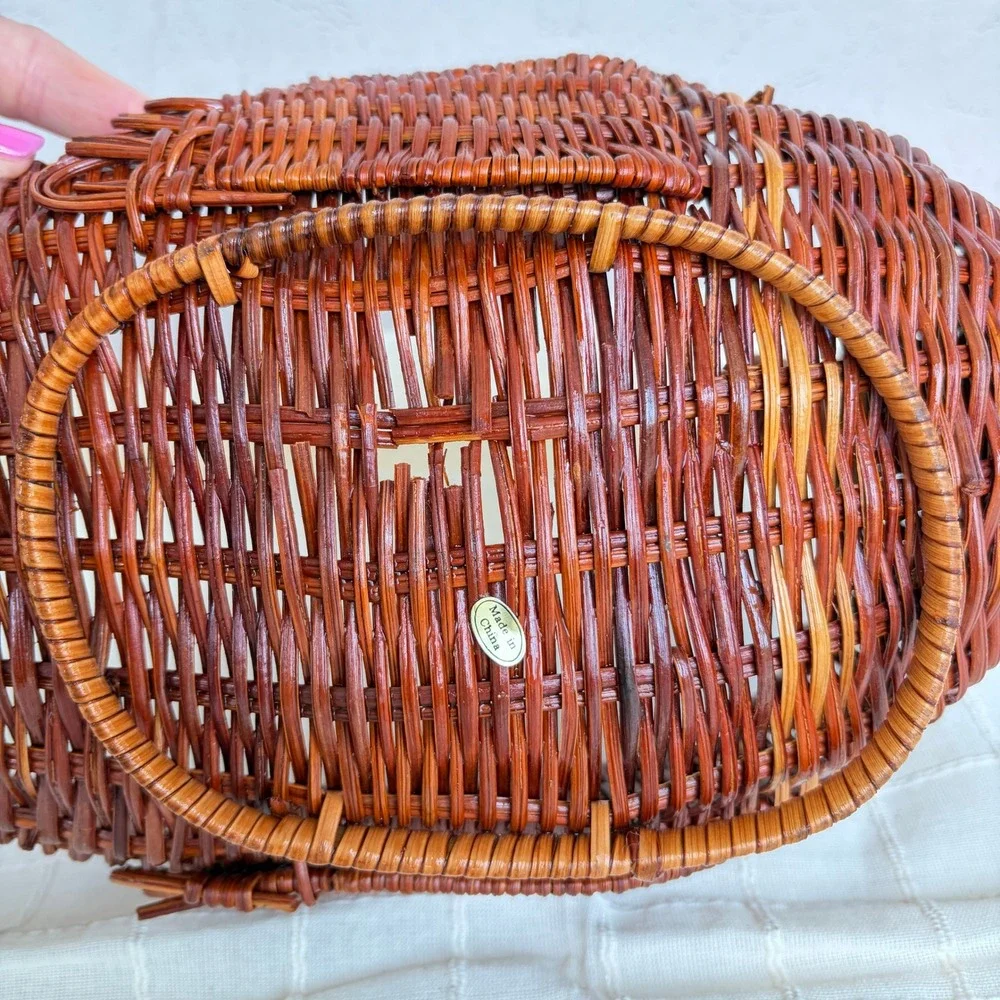 Vintage Woven Wicker Turkey Basket Thanksgiving Fall Harvest Centerpiece Brown